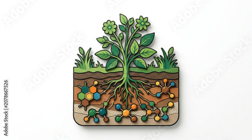 Tableau sur toile Illustration of a plant with roots and soil layers.
