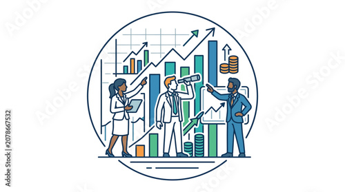 Businesswoman Analyzing Market Growth with Charts and Tablet - Vector Illustration