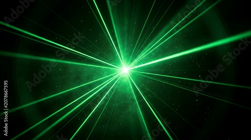 Green laser beams radiating from central point in darkness with abstract background flashing