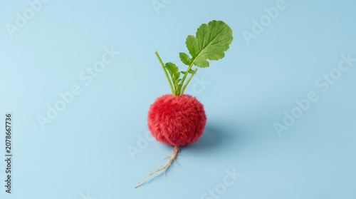 Fluffy red radish on pale blue banner background for horizontal minimalist design and creative food poster