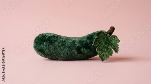 Green plush cucumber on pink background for surreal horizontal banner and product backdrop with soft texture