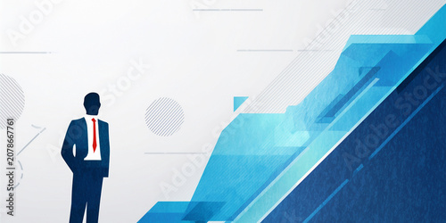 Illustration of a businessman looking at a rising blue geometric trend arrow on a bright background with copy space
