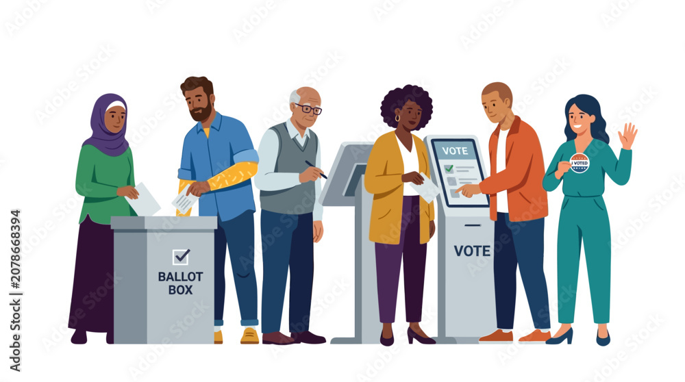Obraz premium Diverse People Voting at Polling Station Illustration