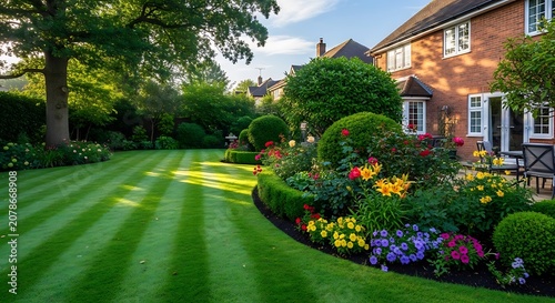 Beautiful Well-Maintained Garden with Green Lawn and Flower Beds.
