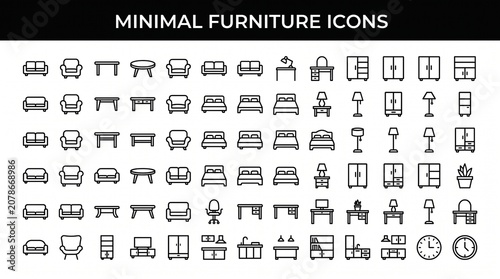 Modern Black and White Furniture Icon Pack, Minimal Home Interior Outline Symbols Set