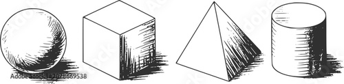 A collection of basic geometric shapes including a sphere, cube, pyramid, and cylinder in a vintage style