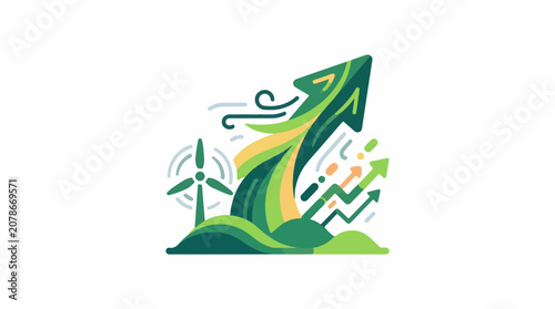 Abstract graphic of growing green arrows and a wind turbine