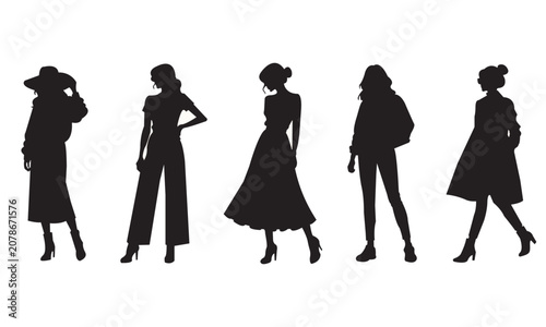Elegant Fashion Women Silhouettes Collection with Stylish Girls Walking Shopping Models in Dresses Vector Illustration Set for Beauty Business Clothing and Modern Lifestyle Design