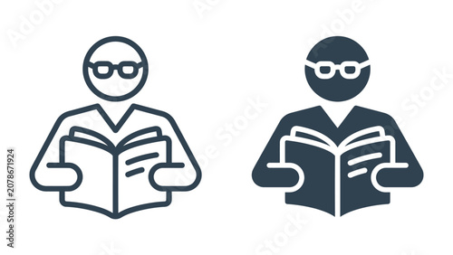 Foto Person Reading Book Icons: Two minimalist icons, one outlined and one filled silhouette, depict a person wearing glasses and engrossed in reading an open book, symbolizing knowledge and study