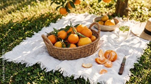 Picnic Blanket in Garden With Basket of Tangerines and Peeled Mandarin