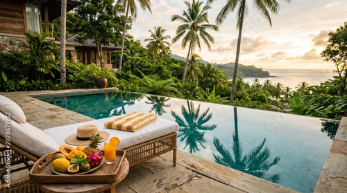 Luxury Tropical Villa Pool With Palm View and Sun Lounger