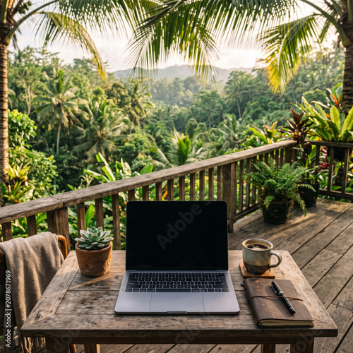 Laptop on Wooden Terrace Overlooking Tropical Jungle and Palm Trees
