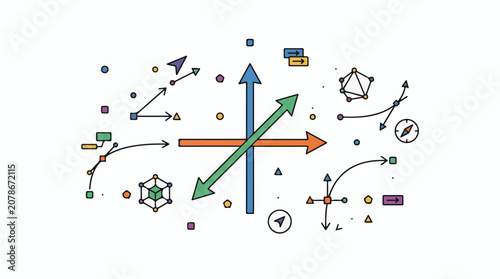 Abstract graphic with geometric shapes arrows and vectors
