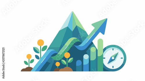 Abstract graphic with growth arrows plants mountain and compass