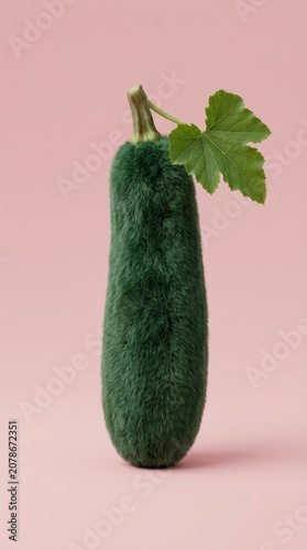 Vertical green plush cucumber on pink background for minimalist poster or vertical product display with soft fur texture
