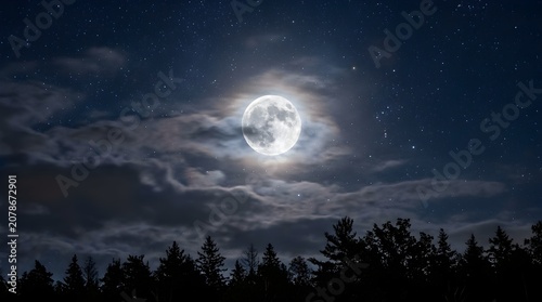 Full Moon Shining Brightly in a Starry Night Sky Over Silhouetted Trees