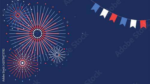 Bastille Day Celebration French Tricolor Fireworks and Bunting Minimalist Flat Graphic Design Background Web Banner Social Media Ad Backdrop Copyspace