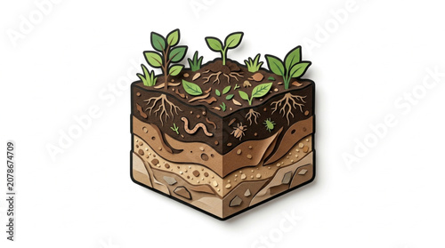Cross section of healthy soil with plants and roots.