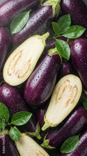 Vertical composition of glossy purple eggplants with sliced halves and green leaves for vegetable background and market poster or grocery display