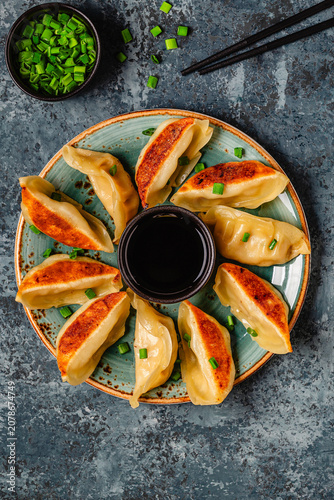 Dumplings served on a plate with green onions
