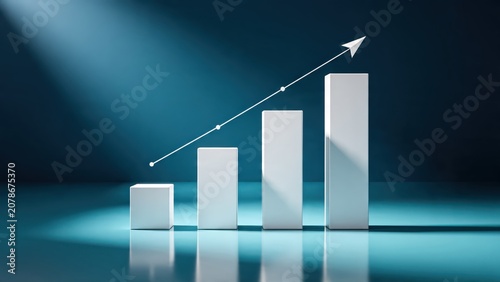 Abstract 3d growing bar chart with upward arrow indicating financial profit increase and business success growth trend