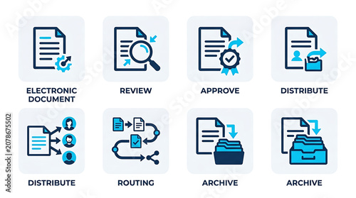 Business workflow icons show document review, approval routing and distribution.