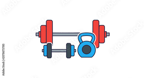 Assorted gym weights including barbell and kettlebell set.