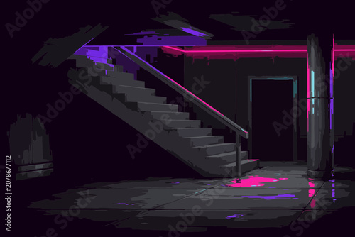 Abandoned Staircase with Neon Lights in Dark Basement