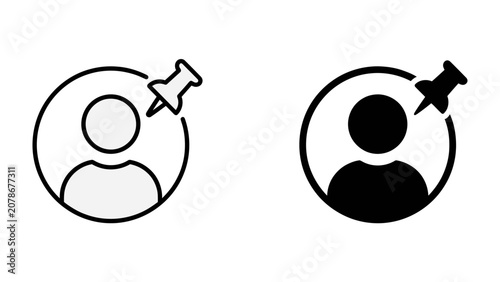 User Icon with Pin: A simple graphic representation of a user profile icon with a thumbtack or pushpin attached, symbolizing a saved profile, favorited user, or important contact.