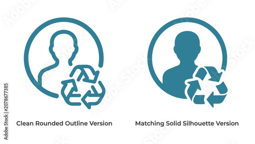 Fotografie Recycle Symbol with User Icon: A clean graphic illustration featuring a user icon or profile silhouette adjacent to a recycling symbol, presented in both an outline and solid silhouette style
