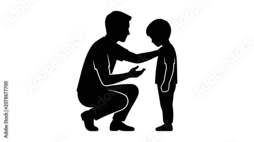 Silhouette of adult crouching, gesturing toward child, symbolic of guidance, teaching, discipline, communication, parental care, and nurturing relationship.