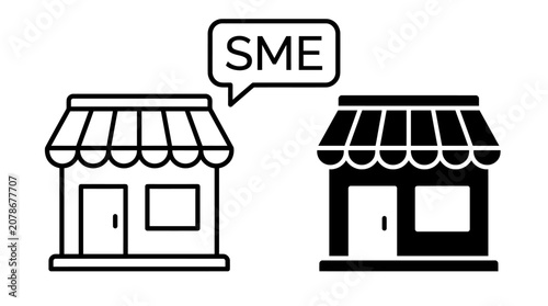 Two stylized storefront icons, one outlined with SME label, one solid black, symbolizing small business identity, commerce, and enterprise.