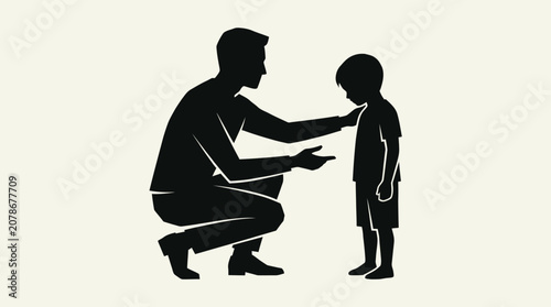 Silhouette of adult crouching, gesturing toward child, symbolic of guidance, teaching, discipline, communication, parental care, and nurturing relationship.