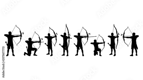 Horizontal sequence of archer silhouettes, illustrating stages of bow shooting, from preparation to release, emphasizing motion, technique, and posture diversity.