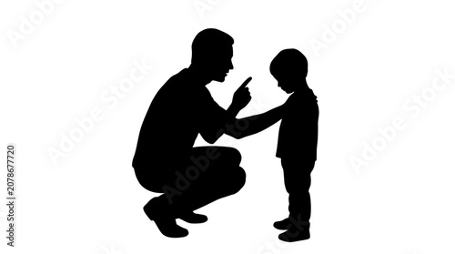 Silhouette of adult crouching, gesturing toward child, symbolic of guidance, teaching, discipline, communication, parental care, and nurturing relationship.