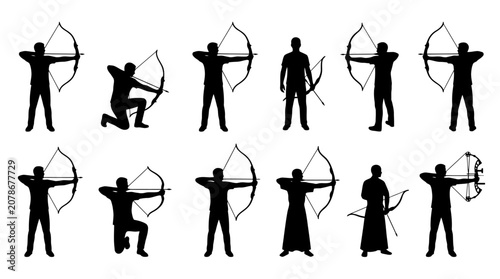 Twelve dynamic archer silhouettes in varied stances, bows drawn, arrows ready, showcasing traditional archery techniques, posture diversity, and focused precision.