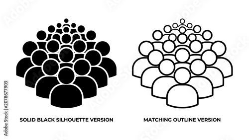 Audience Icons: A visual representation of people in silhouette, showcasing both solid black and outline versions of crowd icons, perfect for illustrating concepts of community and scale.