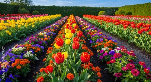 Vibrant tulip garden rows with colorful flowers