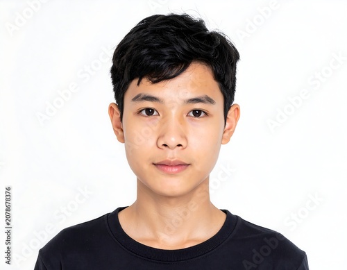 A young Asian man with short black hair and a black shirt looks directly at the camera with a neutral expression on a plain white background