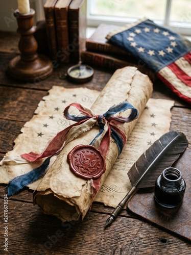 Tied Vintage Scroll with Wax Seal Betsy Ross Flag Quill and Candle on Rustic Wooden Desk