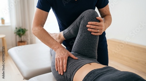 Professional Physiotherapist Performing Hip Mobilization on Female Patient