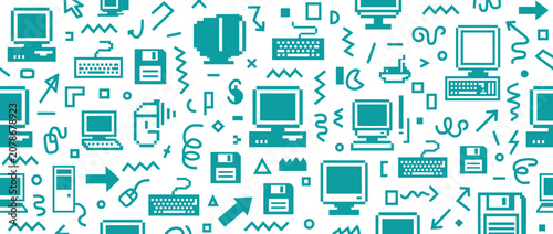 Retro Computer Pattern: Pixel Art Icons of PCs, Laptops, Floppy Disks & Mice