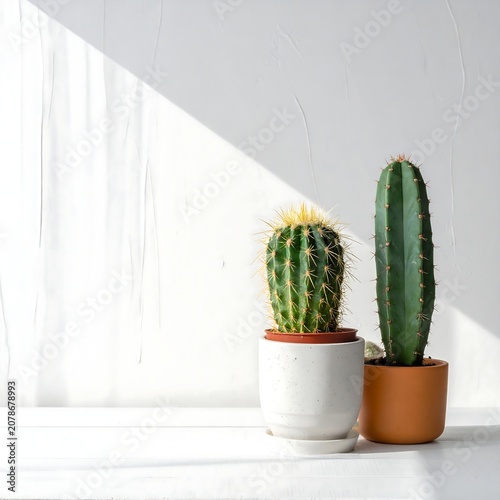 Two potted cacti on a windowsill with sunlight casting a shadow