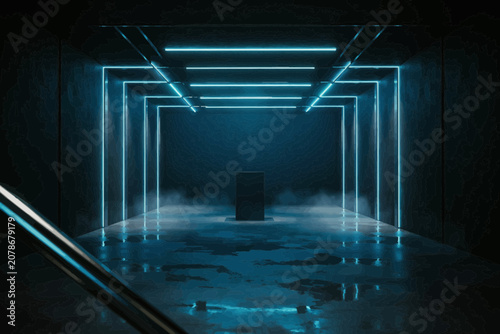 Neon Blue Corridor with Fog and Metallic Rail
