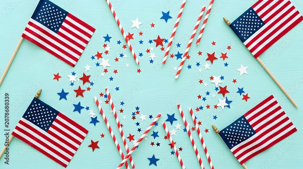 Fototapeta premium 4th of july patriotic celebration american flags stars stripes confetti on teal