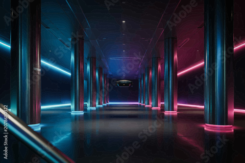 Neon Lit Corridor with Blue and Pink Lights