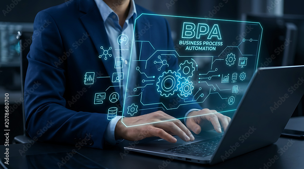 Fototapeta premium Man using laptop for business process automation BPA digital technology