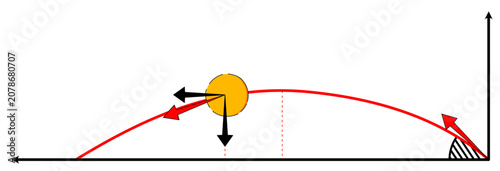 This image displays a series of projectile motion diagrams illustrating the kinematics of a ball thrown at an angle. Each panel highlights the velocity and acceleration vectors at different points.