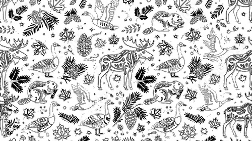 Canadian wildlife and nature seamless pattern, black and white line art