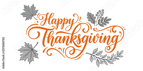 Elegant thanksgiving typography with autumn leaves and flourishes for holiday greetings and festive designs